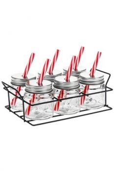 Trinkhalmglas-Set 70ml 6er kompl mit Metallgestll und Trinkröhrchen rot/weiss gestreift